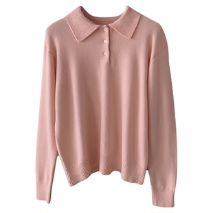 秒发！OUNCE纯色polo领针织衫25冬韩国宽松显瘦休闲长袖羊毛衫女