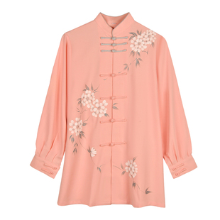 武士龙太极服女高端手绘春季装晨练服装粉色中长款练功武术表演服