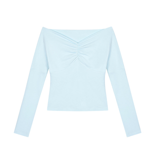 NEVA HU 天菜angela 一字领露肩长袖T恤女设计感抽褶短款打底上衣