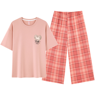 卡绚夏季纯棉睡衣女短袖格子甜美七分裤家居服套装可外穿休闲宽松