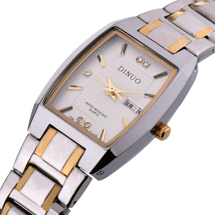 正品谛诺手表 女士双历石英表 精钢防水长方形腕表 日历星期女表