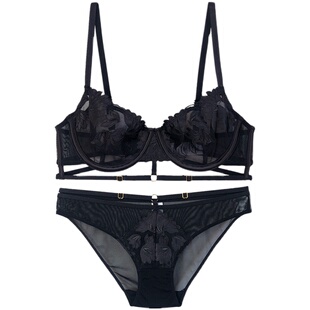 法式刺绣网纱绑带超薄大胸显小软钢圈聚拢收副乳内衣套装性感文胸