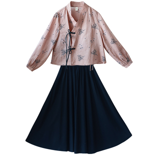 5折【时光岁月】新中式偏襟系带印花开衫黑色收腰背心裙女夏两件