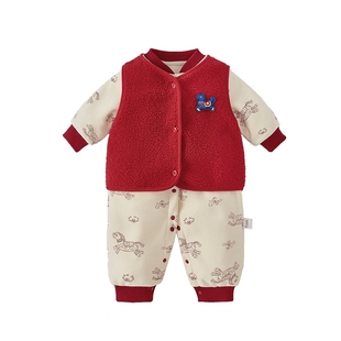 [抗菌锁温]婴儿红色连体衣幼儿加绒拜年两件套秋冬款宝宝棉服爬服