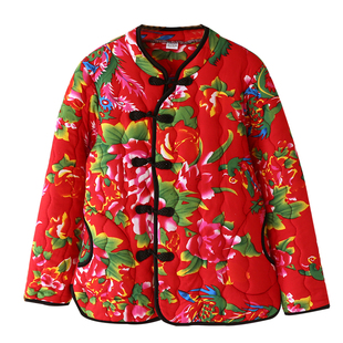 女士东北大花布棉袄斜襟盘扣复古洋气大花袄冬季居家夹棉加厚棉衣