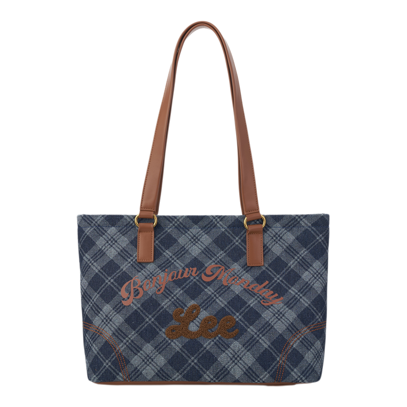 Lee女秋冬牛仔帆布托特包格纹单肩手提包高级感通勤包