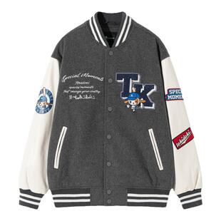 tokidoki23秋季新款复古校园拼接撞色棒球服薄棉外套美式情侣夹克