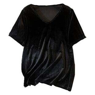 丝绒上衣女短袖秋冬内搭时尚宽松复古国风大码小衫黑色V领打底衫