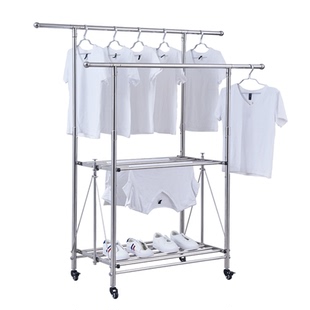 折叠晾衣架不锈钢双杆晒衣架落地晒被子神器室内室外阳台家用伸缩