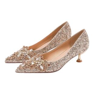 法式秀禾主婚纱高跟鞋女低跟孕妇水晶鞋金色婚鞋新娘鞋2024年新款