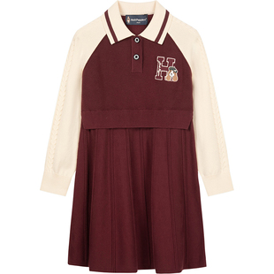 暇步士童装女童连衣裙春秋新款儿童学院风毛衣裙大童休闲polo裙子