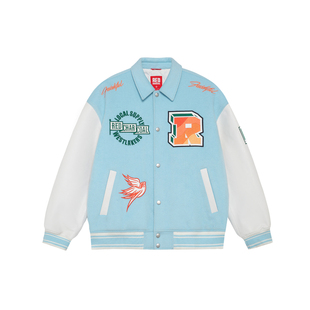 REDCHARCOAL红炭蓝色棒球服男冬季美式潮牌PU皮拼接毛呢夹克外套