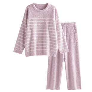半边绒睡衣女秋冬季休闲套头粉色条纹保暖套装冬天珊瑚毛绒家居服