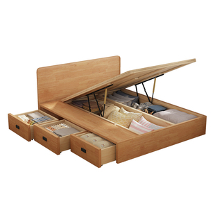 实木薄床头简约原木色床头气压三抽气压榻榻米静音储物床双人床