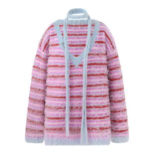 BJHG不计后果 V领条纹毛衣女秋冬季内搭慵懒多巴胺针织衫外套上衣