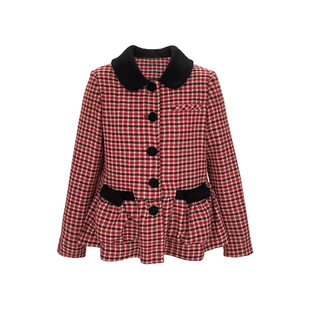 Narratorgirls新年红格纹复古娃娃领蝴蝶结口袋毛呢短外套冬