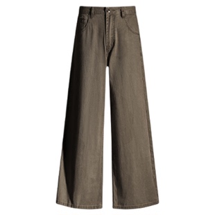 美拉德棕咖色阔腿牛仔裤女2026春季新款高腰宽松垂感直筒拖地裤子