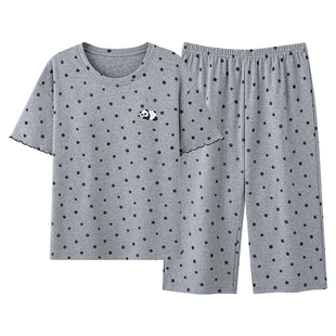 夏天女士短袖圆点睡衣带胸垫可调节纯棉家居服七分裤套装时尚洋气