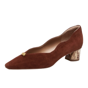 真美诗点金石秋季新款羊皮波浪曲线气质通勤不累脚粗跟单鞋女