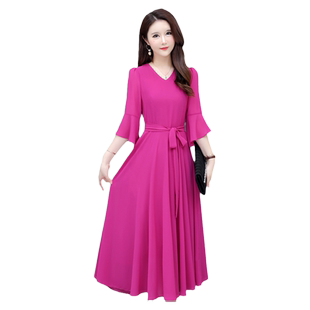 夏季新品长款过膝连衣裙V领雪纺腰带大摆裙花瓣袖修身显瘦妈妈裙