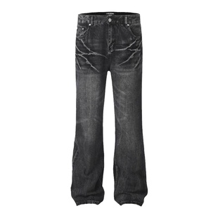 小柯XCOK美式高街闪电纹水洗黑色牛仔裤男直筒微喇裤cleanfit长裤