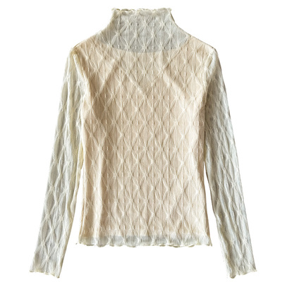 白色半高领加绒蕾丝打底衫女秋冬保暖长袖内搭高级感网纱叠穿上衣