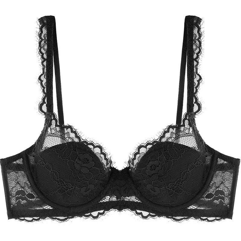2件装好奇蜜斯大胸显小胸内衣女性感蕾丝纯欲薄文胸罩防下垂黑色