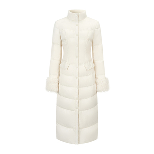 HiimDai 漫雪 超模沙漏腰 90白鸭绒设计感拼接毛毛收腰长款羽绒服