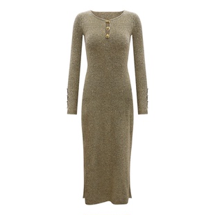 奢雅璀璨闪光羊毛船领镂空花朵扣修身曲线鱼尾针织长裙鱼尾裙休闲