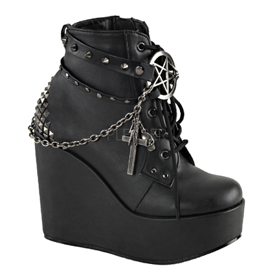黑色皮革厚底链条五角星脚踝靴