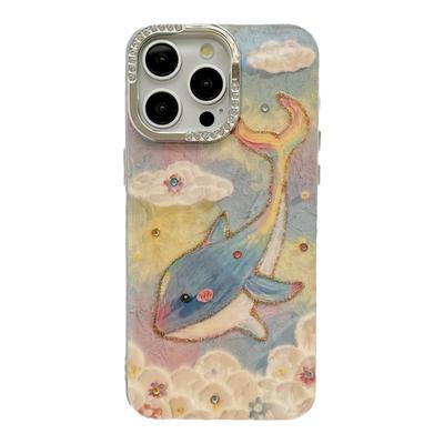 闪钻油画鲸鱼可爱卡通适用苹果17手机壳iPhone16ProMax新款15pro防摔12女款小众13硅胶14pro带镜头膜全包软壳