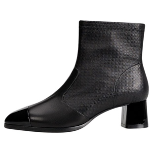 灵梅陈高光鞋圆头短靴小香风高跟鞋靴子真皮弹力粗跟袜靴瘦瘦靴女