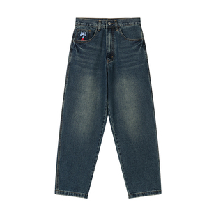 MindError 美式复古黄泥染蓝秋季新款小象刺绣宽松直筒牛仔长裤男