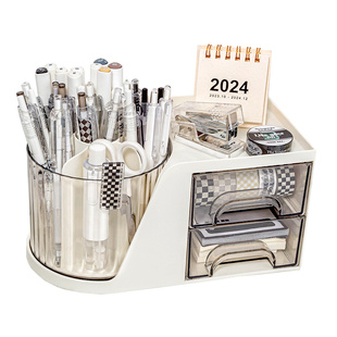 小槑同学 大容量笔筒收纳盒儿童男孩桌面高颜值ins风旋转笔桶高中学生轻奢高级感多功能抽屉式书桌超大置物架