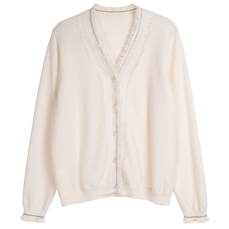 斐雪 拥抱诗意与浪漫 繁复工艺秋季流苏蕾丝花边针织纯羊绒开衫