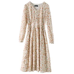 未风杏色雪纺碎花连衣裙女春2026春季新款中长款女装气质减龄裙子