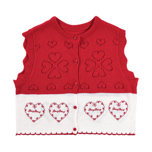BarryBanny女童针织马甲2026新款春季红色镂空圆领儿童百搭上衣女