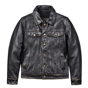美式复古真皮皮衣植糅油蜡牛皮外套男 短款507工装牛仔皮夹克修身