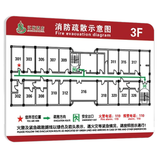 消防疏散示意图定制酒店宾馆医院商场疏散通道指示牌应急逃生平面图贴纸安全疏散指示牌消防应急疏散指示标志
