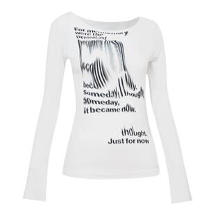 eihey诶嘿秋季字母晕染印花修身显瘦辣妹长袖露肩百搭上衣T恤女