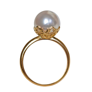 V＆C18K日本AKOYA素金戒指天女粉色海水镂空雕花光面戒指正圆无暇