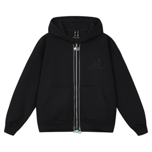 MEDM 黑色简约珐琅双拉链休闲帽衫秋冬美式纯色情侣连帽加绒卫衣