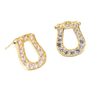 韩国流行10K黄金耳钉女 轻奢新款潮闪亮锆石镶嵌马蹄U形彩金耳饰