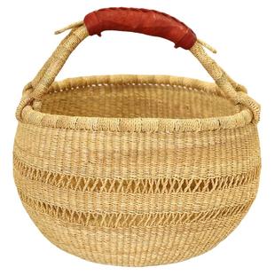 Roomology加纳进口手工草编圆形购物篮子收纳篮水果篮小羊皮手柄