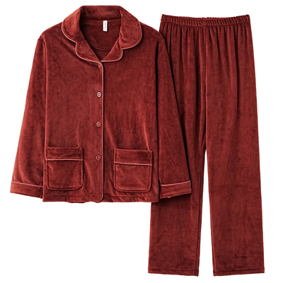 秋冬季海岛绒睡衣女款珊瑚绒2025新款薄绒开衫翻领红色家居服套装