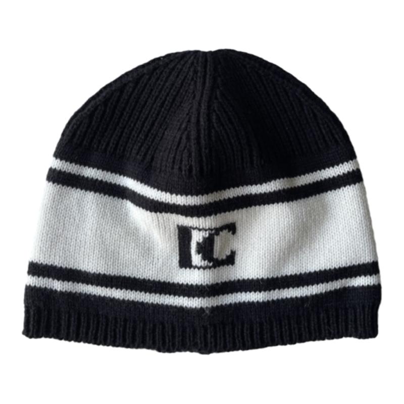 迪丽热巴同款羊毛针织帽LC黑白字母小香风毛线帽子护耳百搭冷帽冬