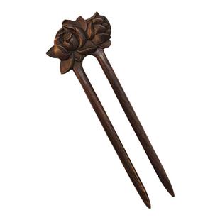 Zang又一雪 凌波仙木钗 u型黑檀木单面雕古风发钗中式荷花女旗袍