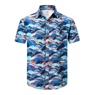 AXESEA情侣沙滩开衫夏威夷宽松休闲度假短袖衬衫印花外套男女同款