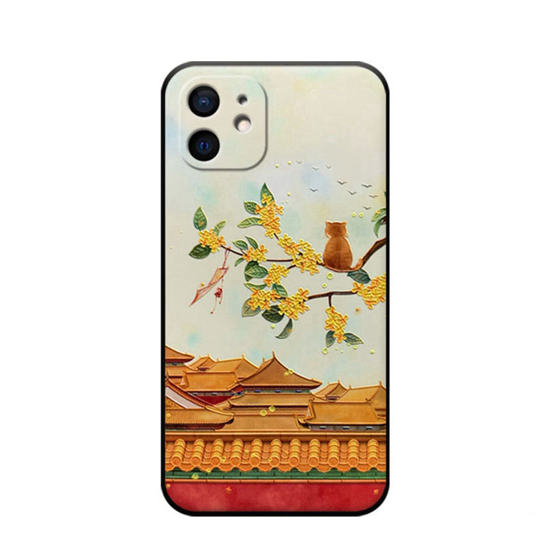 苹果15手机壳13新款立体浮雕腕带12中国风适用iPhone11promax全包故宫14复古风15plus软壳xr硅胶文