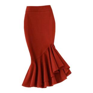 酒红色毛呢半身裙秋冬女不规则高腰弹力鱼尾裙中长款羊毛包臀裙子